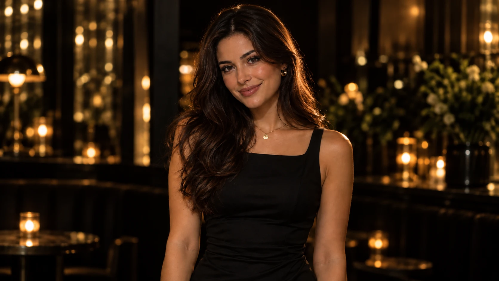 Mulher de cabelo castanho comprido e vestido preto sorrindo num bar à luz de velas
