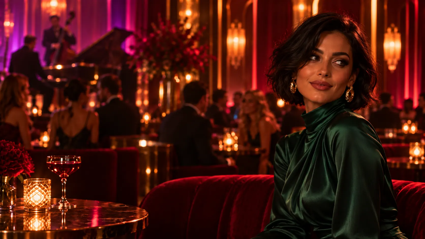 Mulher de cabelo curto e blusa verde de cetim num sofá vermelho, com um contrabaixista ao fundo