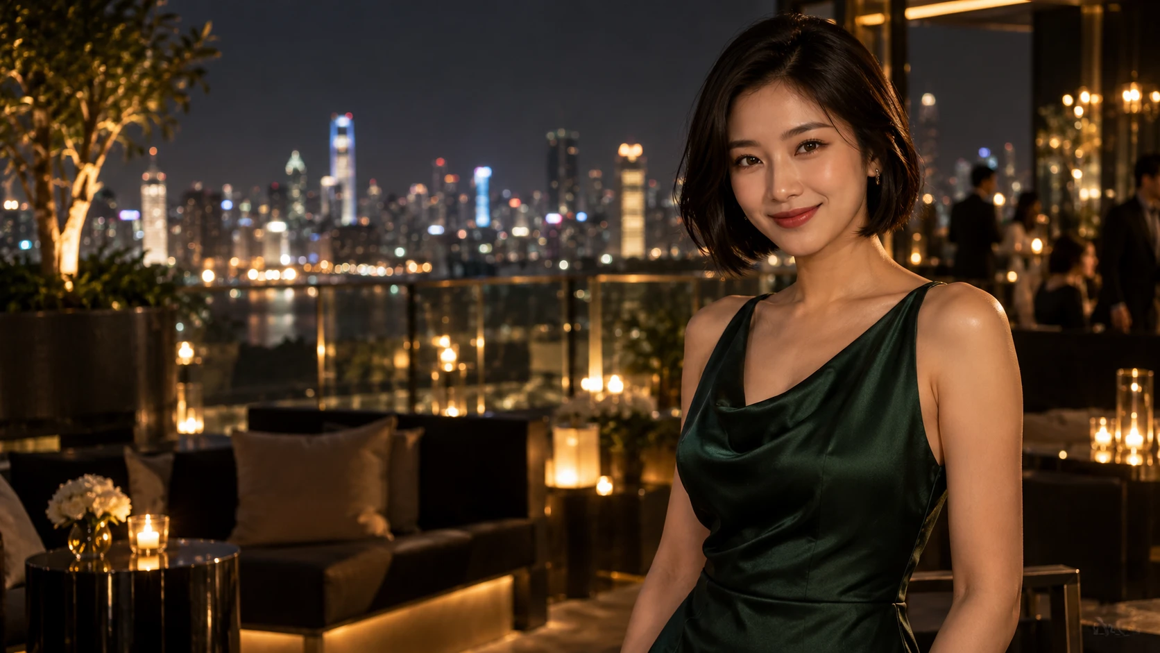 Mulher de cabelo curto e vestido verde num terraço à noite, com prédios iluminados ao fundo